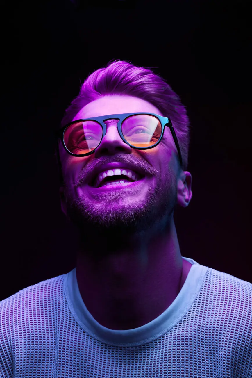 Neon,Portrait,Of,Smiling,Man,Model,With,Mustaches,And,Beard